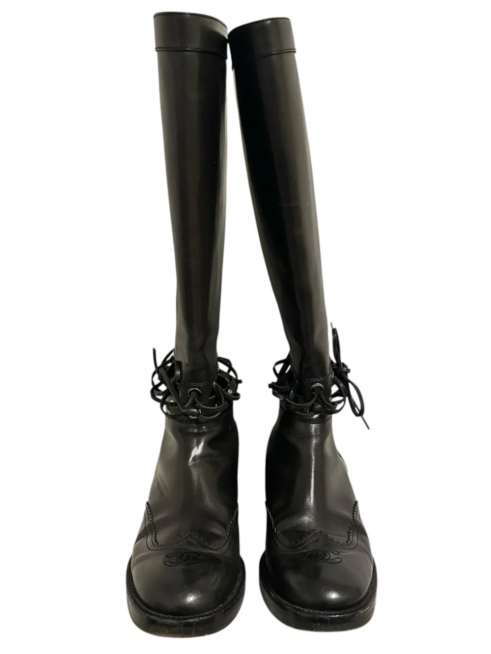 CHANEL KARL LAGERFELD Fall 2016 Runway Black Corset CC Riding Boots 38.5